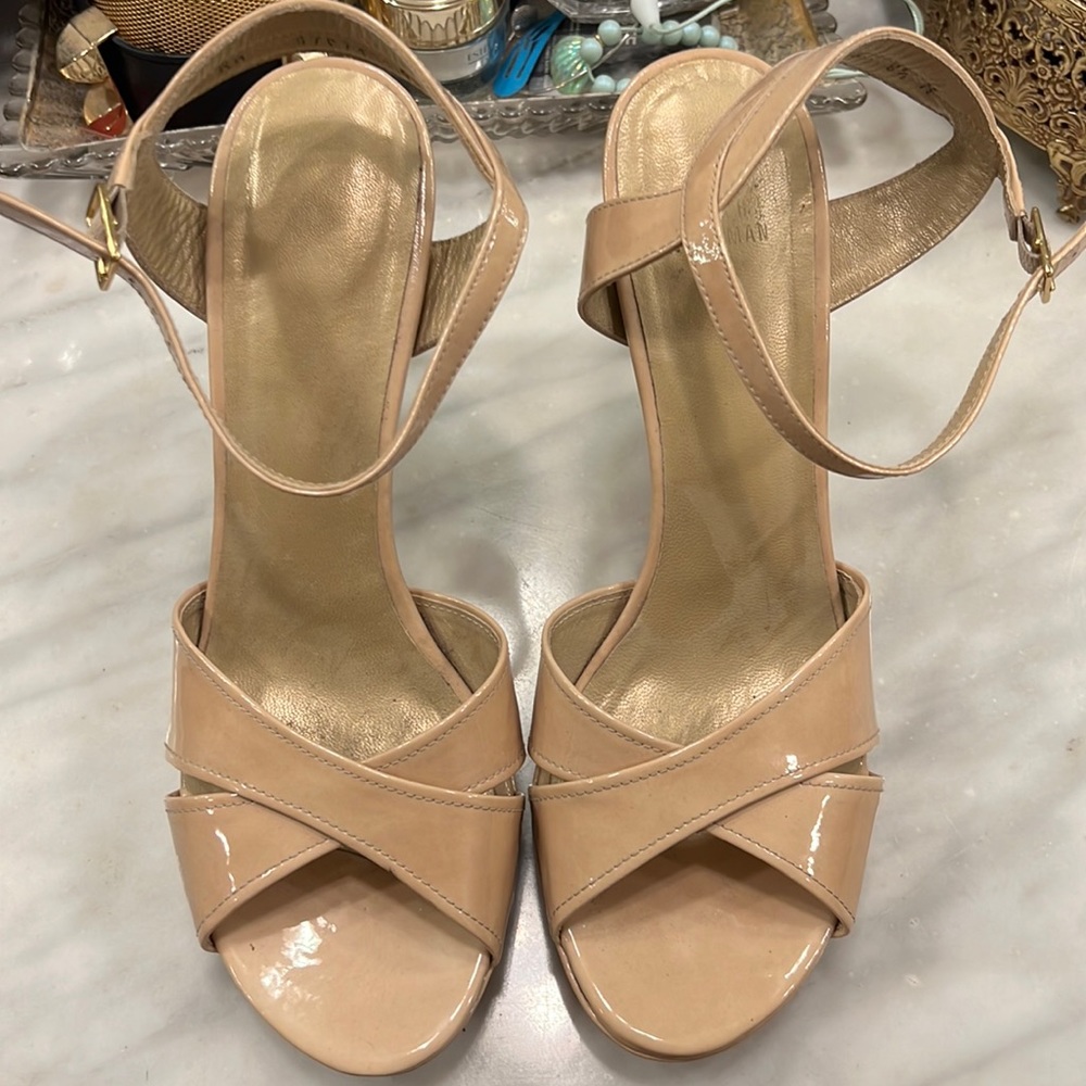 Beige Stuart Weitzman patent leather heel size 8.5M. Worn once. Like new